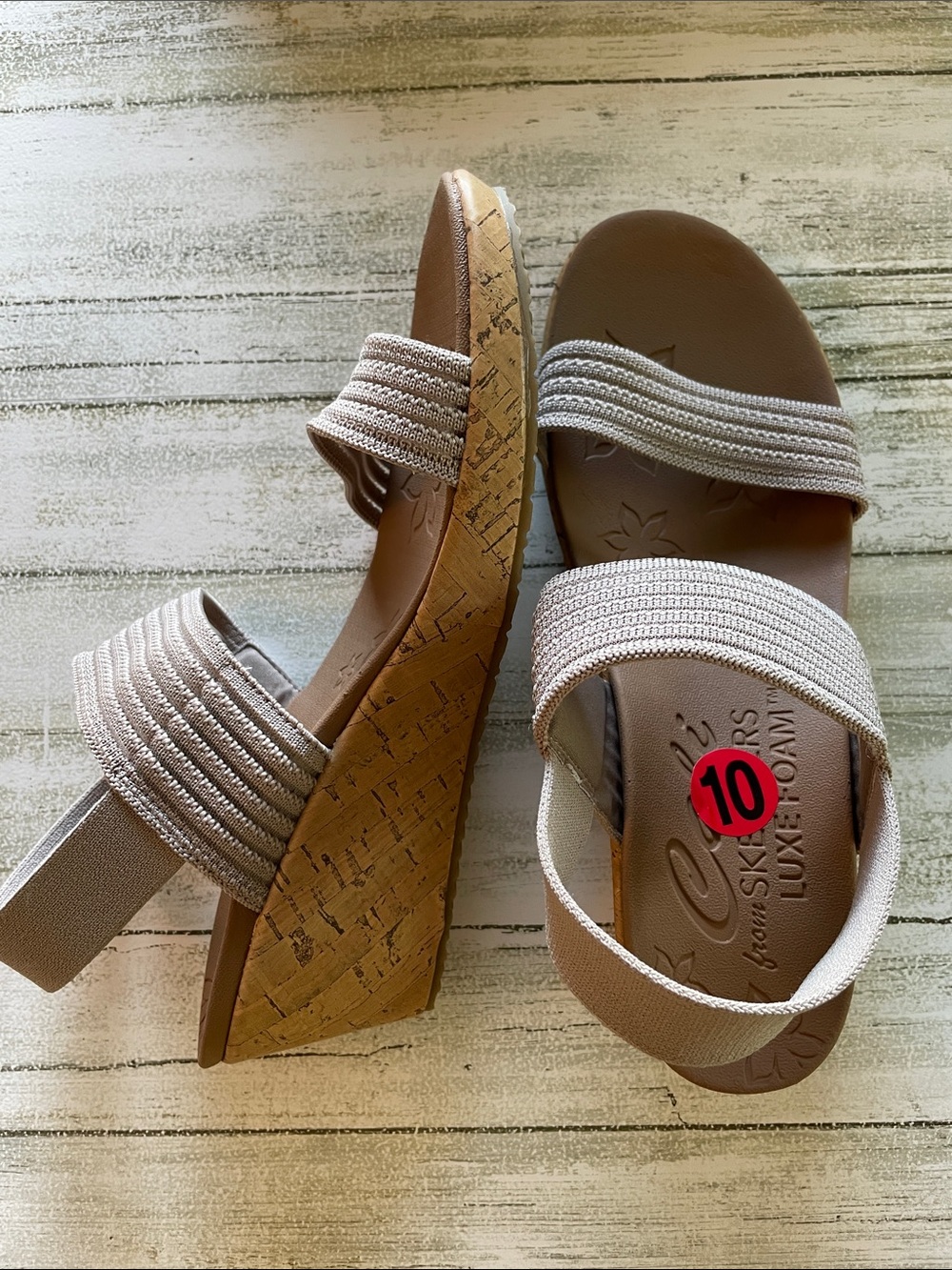 Skechers Neutral Beige Elastic-Strap Wedge Sandals